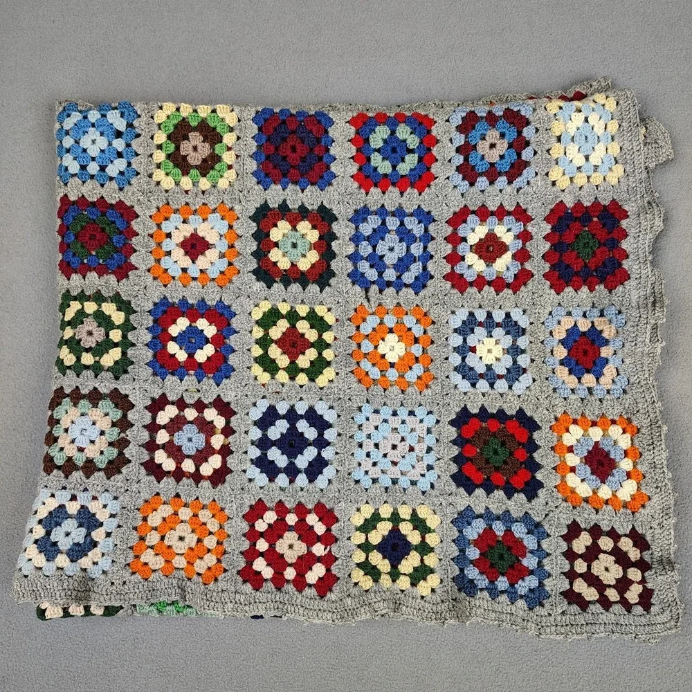 Vintage Granny Square Blanket Crochet Afghan Lap Couch Back 54x41 Gray Border EC